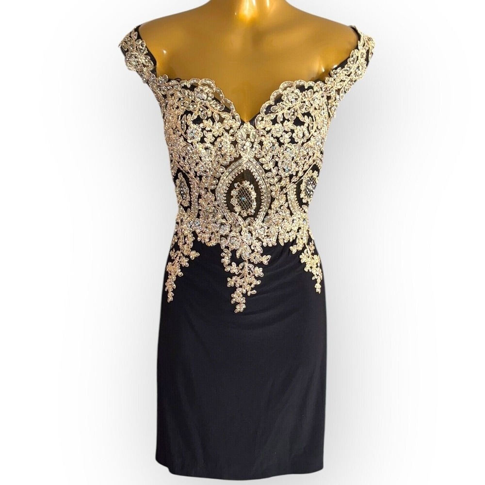Abby Paris Black Gold Beaded‎ Sequin Off Shoulder Homecoming Prom Dress Size 6